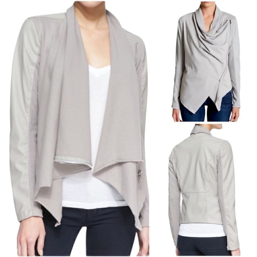 BlankNYC Private Practice Vegan Leather & Cotton Drape Front Moto Jacket Gray, S